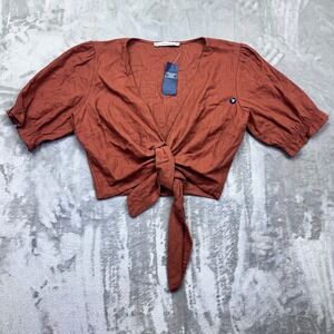 Abercrombie & Fitch Women Tie-Front Top Rust Brown Puff Sleeve Cropped Sz M‎ NWT